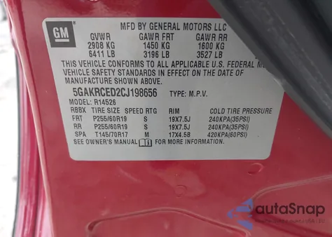 2012 Buick Enclave Leather from USA, damaged, VIN 5GAKRCED2CJ198656